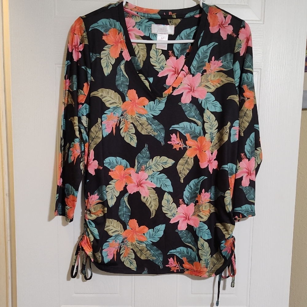 Black Floral Blouse with Tie Sides and 3/4 Sleeves.  Never Worn. New